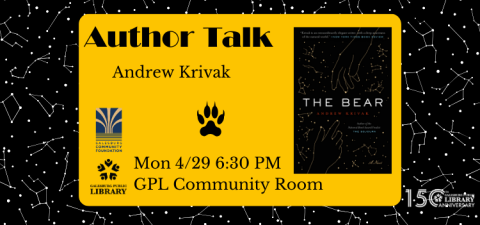 Author Talk with Andrew Krivak on Monday April 29 at 6:30 PM