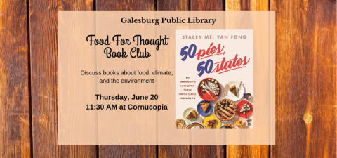 An image including details about the Food for Thought book club meeting and an image of the cover of 50 Pies, 50 States.