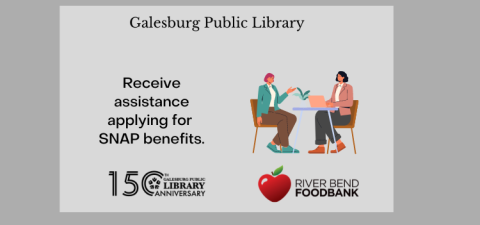 Galesburg Public Library; Receive assistance with applying for SNAP benefits. Two people sit at a table with a laptop between them.