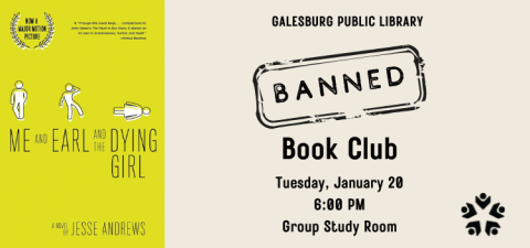 Photo of the cover of Me and Earl and the Dying Girl by Jesse Andrews; details about Banned Book Club